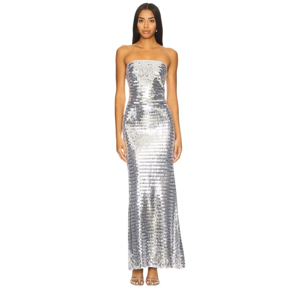 SIMON MILLER Sculpty Strapless Sequin Dress in Satellite Silver 4 New Womens Max